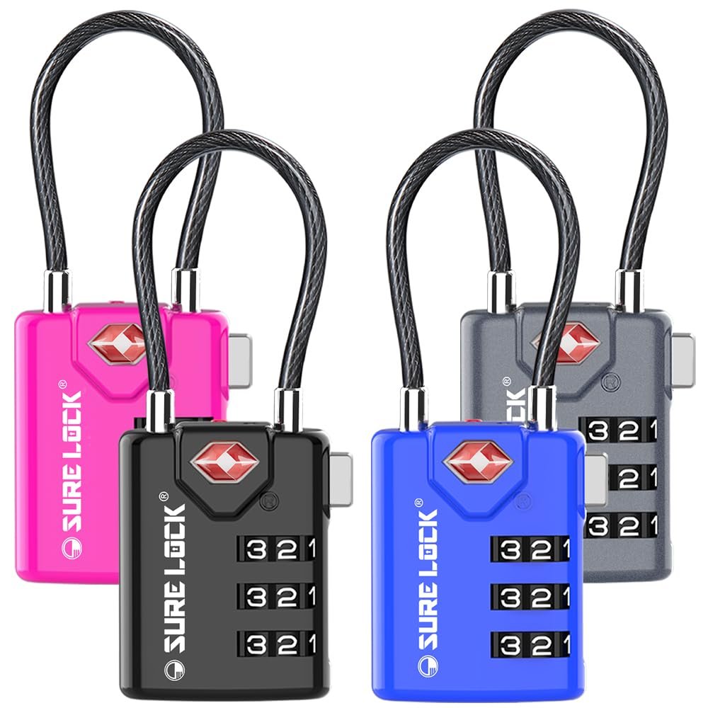 SURE LOCK TSA Approved Combination Luggage Locks with Open Alert Indicator  Durable Zinc Alloy Cable Travel Locks with Large Easy-Read Dials for Suitcases, Backpacks & Gym Bags Four Colour