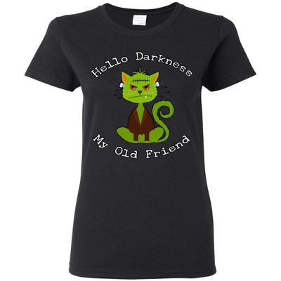 Black Cat Darkness Friend Green Monster Halloween Womens T-Shirt Hello Darkness My Old Friend Black