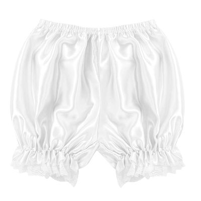 ACSUSS Women's Girls Silky Satin Lace Hem Pumpkin Pants Bloomers Lounge Shorts White One Size