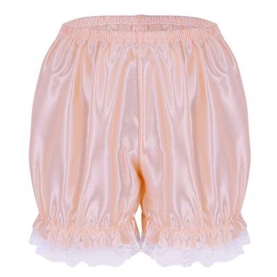 ACSUSS Women's Girls Silky Satin Lace Hem Pumpkin Pants Bloomers Lounge Shorts Pearl Pink One Size