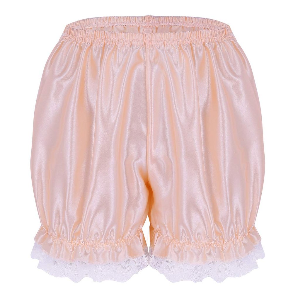 ACSUSS Women's Girls Silky Satin Lace Hem Pumpkin Pants Bloomers Lounge Shorts Pearl Pink One Size