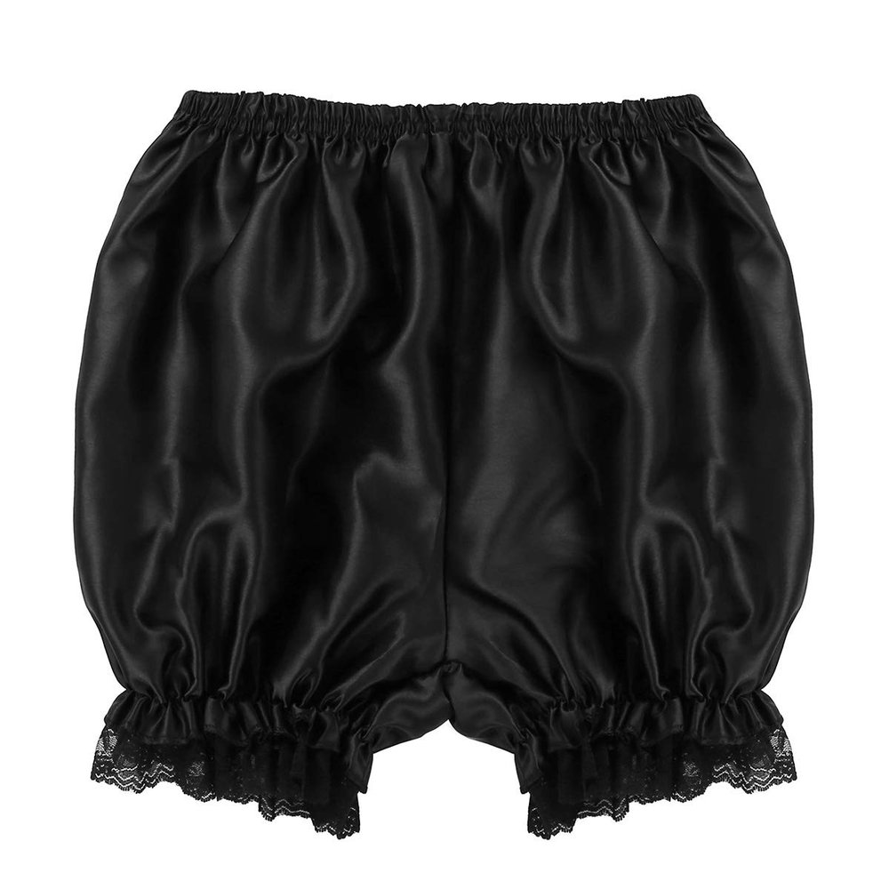ACSUSS Women's Girls Silky Satin Lace Hem Pumpkin Pants Bloomers Lounge Shorts Black One Size