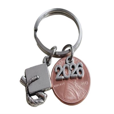 2026 Charm Layered Over 2025 Penny Keychain, with Cap and Diploma Charm - Good Luck to the New Graduate; Graduation Gift