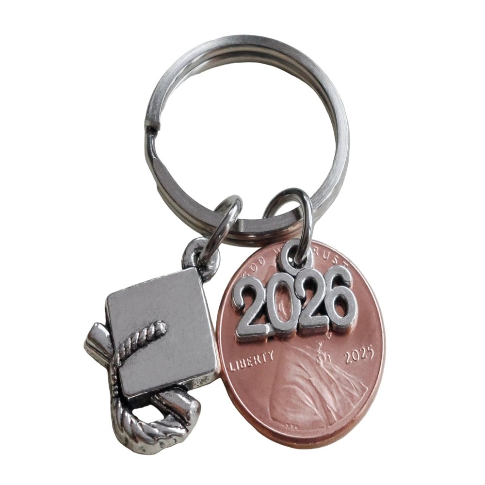 2026 Charm Layered Over 2025 Penny Keychain, with Cap and Diploma Charm - Good Luck to the New Graduate; Graduation Gift