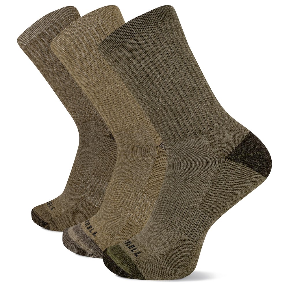 Merrell Unisex Adult Mens And Women's Wool Everyday Hiking - 3 Pair Pack Cushioned Casual Sock, Crew - Olive Assorted, Large-X-Large US