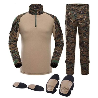 Outdoor Hunting Clothes Airsoft Shooting Shirt Pants Set Battle Dress Uniform BDU Set Tactical Combat Camouflage Clothing with Kneepad Elbow Pads - DW - XL