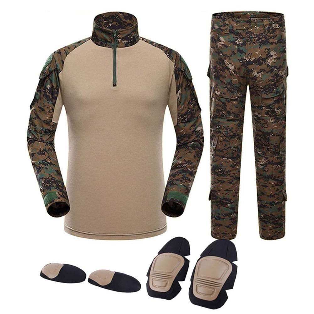 Outdoor Hunting Clothes Airsoft Shooting Shirt Pants Set Battle Dress Uniform BDU Set Tactical Combat Camouflage Clothing with Kneepad Elbow Pads - DW - XL