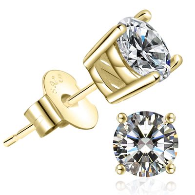 18K Gold Plated Round Cubic Zirconia Faux Diamond Earrings Sterling Silver Post Hypoallergenic Earrings for Women Men, in Yellow Gold, CZ 0.5ctw