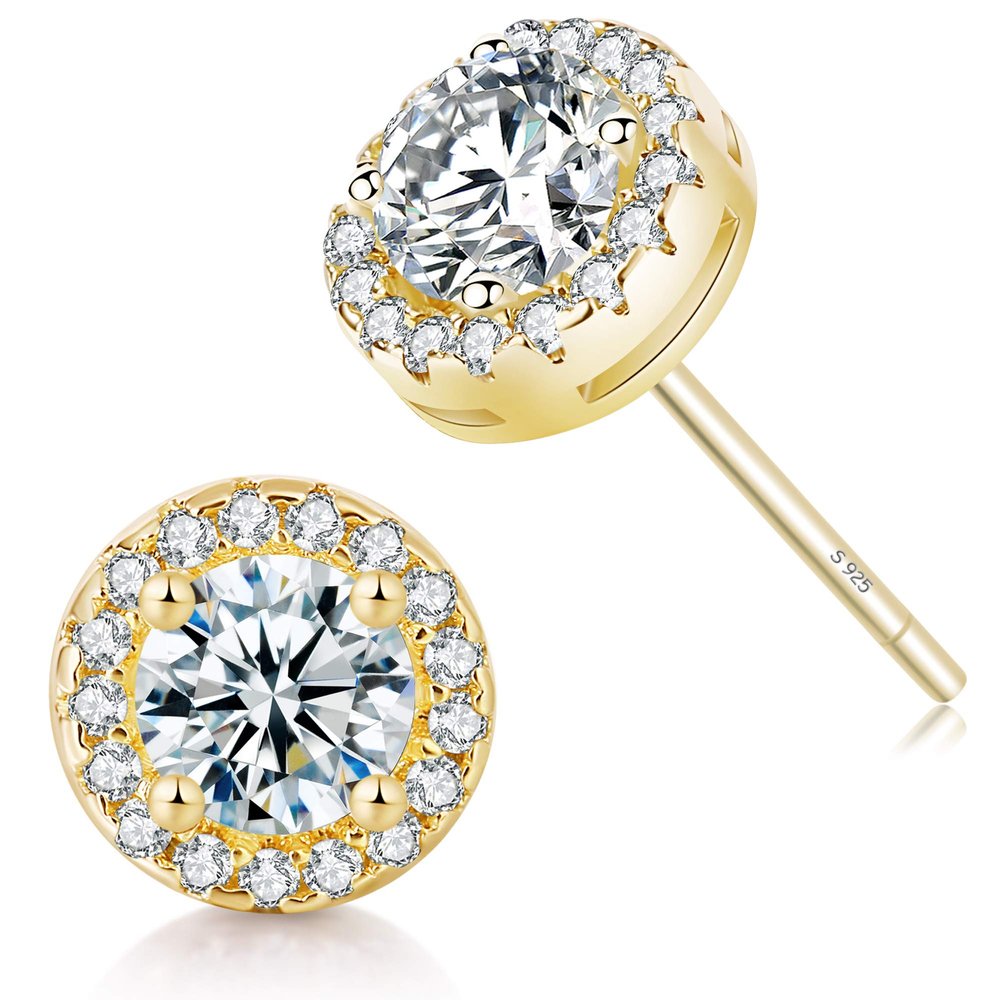 14K Gold Plated Halo Stud Earrings CZ Simulated Diamond Round Earing for Women,Rose Earrings for Man,Sparkle Allure Earrings with Size 0.27inch,in Yellow Gold