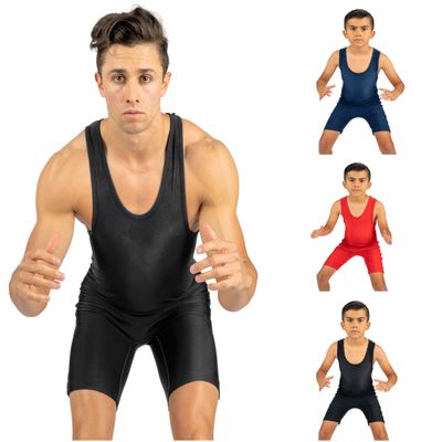 4 Time All American Wrestling Singlet: Black, Navy Blue, Red, Teal sizes 4XS-5XL (XXL 221-250 lbs., Black)