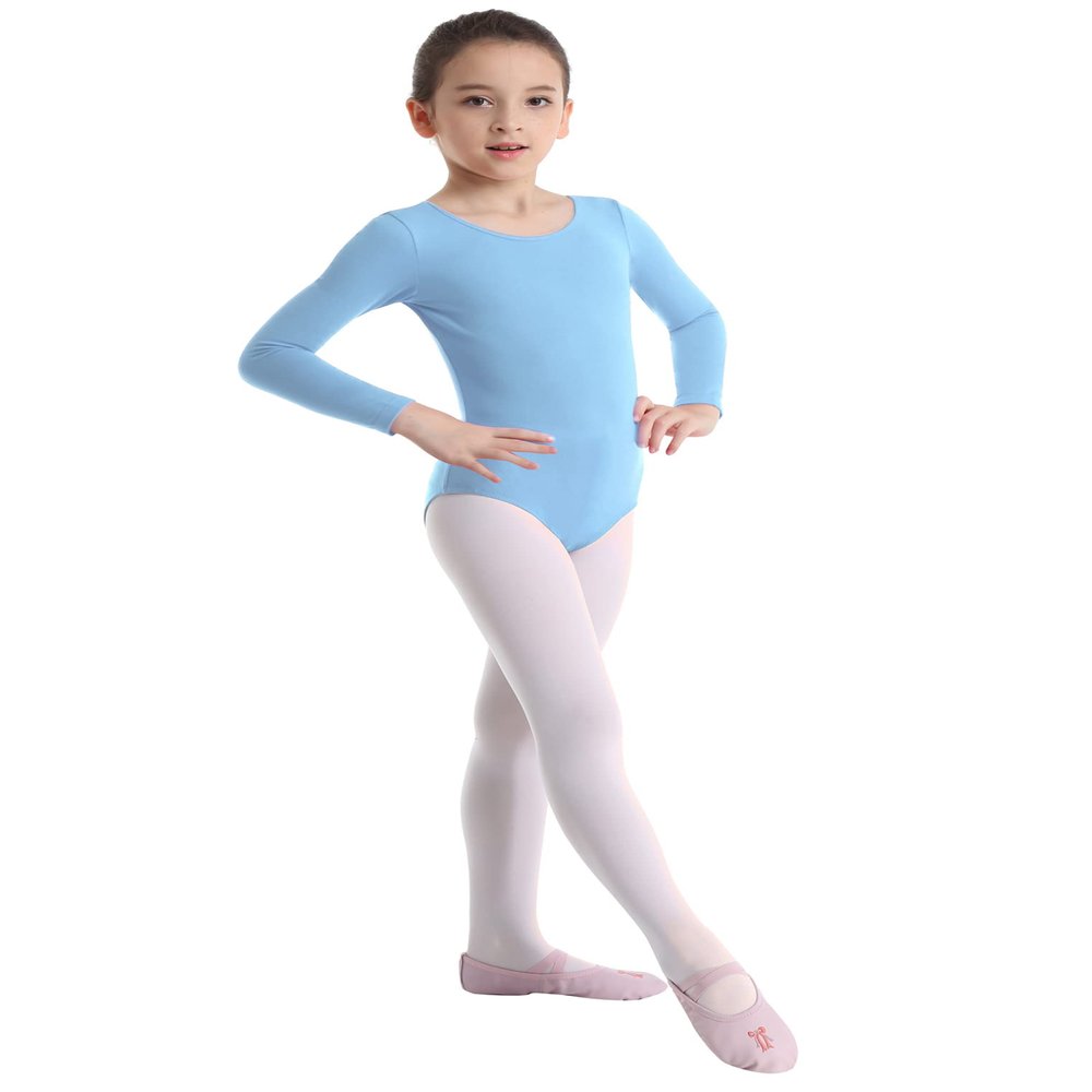 Freebily Kids Girls Short/Long Sleeve Basic Gymnastics Leotard Active Shirt Ballet Dance Leotard Athletic Tank Tops Blue (Long Sleeve) 10 Years