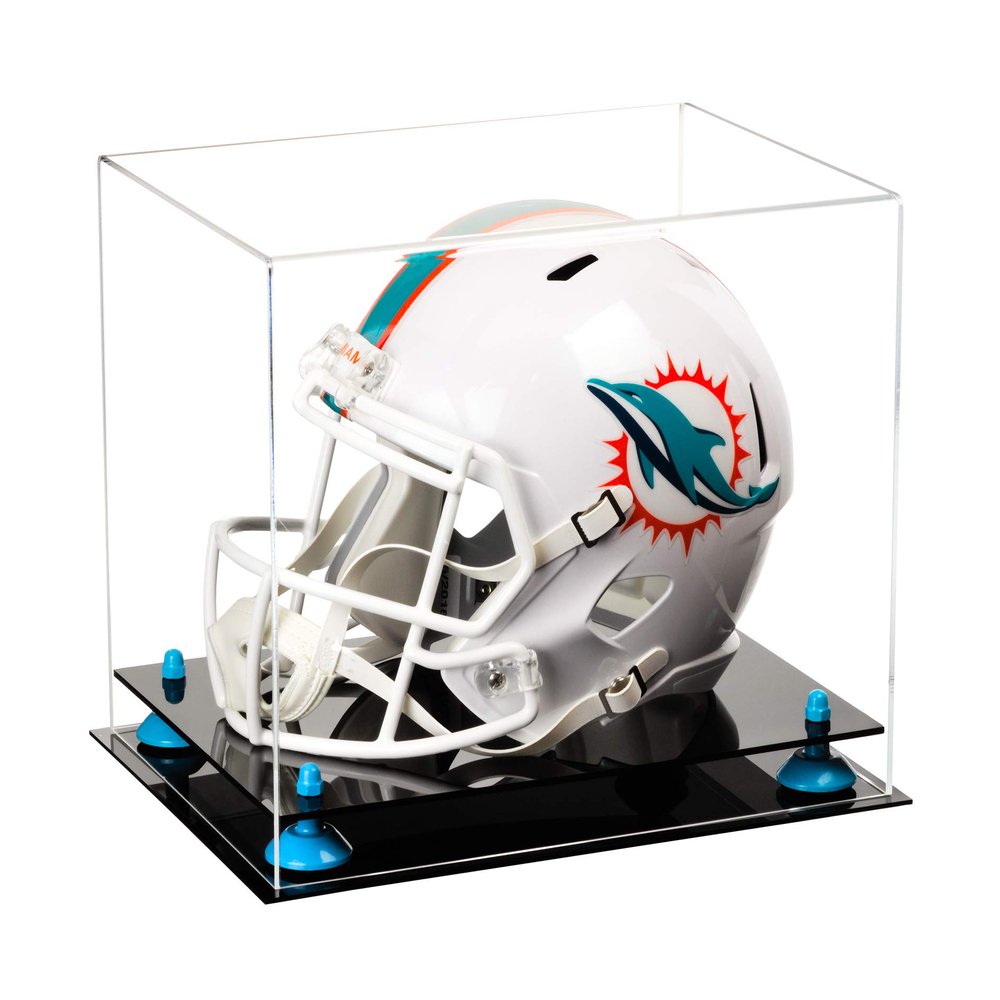 Acrylic Display Case for Full Size Football Helmet Premium Football Display Case with Black Base & L Blue Risers Protects Sports Memorabilia & Collectibles, dimension 14.5"L x 11"W x 12"H (A002-BLR)