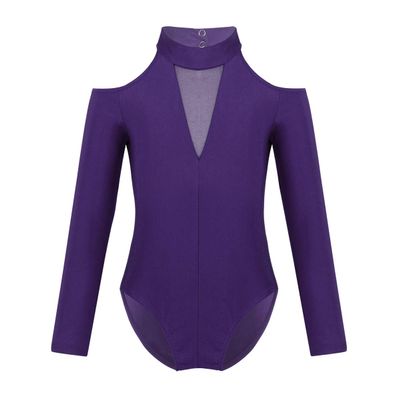 dPois Kids Girls' Off-shoulder Mock Neck Long Sleeves Cutout Back Leotard Gymnastics Ballet Dance Jumpsuit Bodysuit Purple 4-5