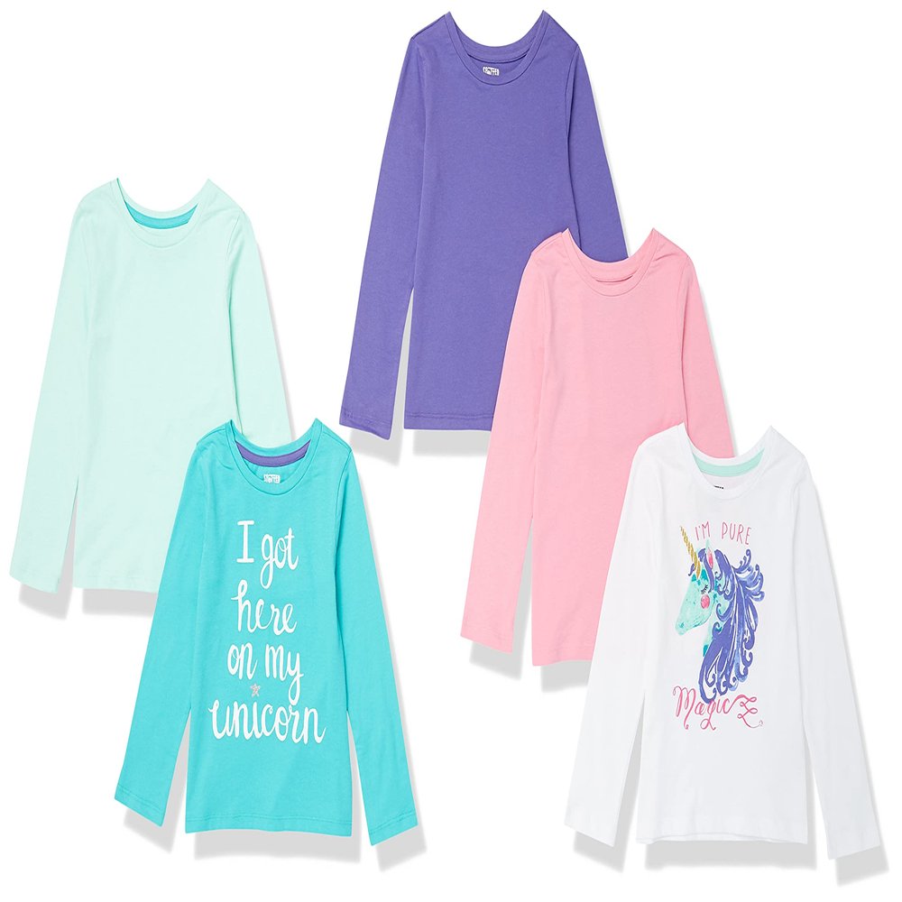 Amazon Essentials Girls' Long-Sleeve Crewneck T-Shirts, Pack of 5, Blue/Green/Pink/Purple/White Unicorn, XX-Large