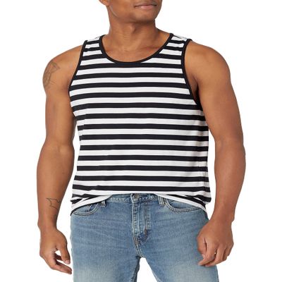 Amazon Essentials Men's Regular-Fit Sleeveless Tank Tops, Black White Horizontal Stripe, X-Small