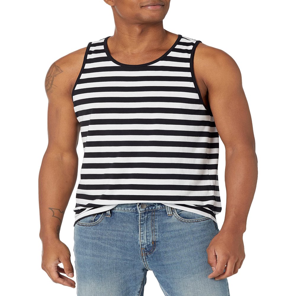 Amazon Essentials Men's Regular-Fit Sleeveless Tank Tops, Black White Horizontal Stripe, X-Small