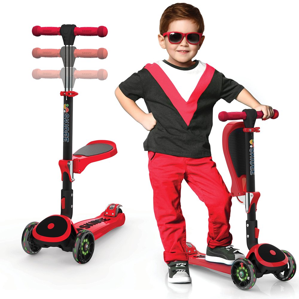 SKIDEE Kick Scooter for Kids 3-5 | Foldable 3 Wheel Scooter with Lean-to-Steer, Adjustable Height, Removable Seat & LED Light Wheels | Toddler Scooter for 3 to 12 Year Old Boys/Girls
