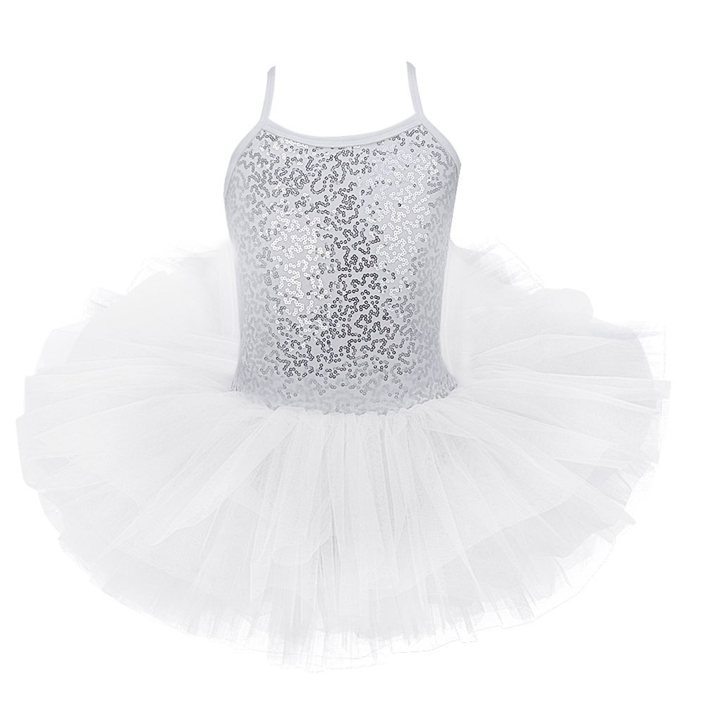 Agoky Girls' Glitter Sequins Camisole Tutu Skrit Leotard Ballet Dance Dress Costume White (Tutu) 7-8
