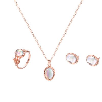 AkoMatial Alloy Elegant Engagement Oval Faux Opal Necklace Finger Ring Stud Earrings Set Gift for Women Rose Gold