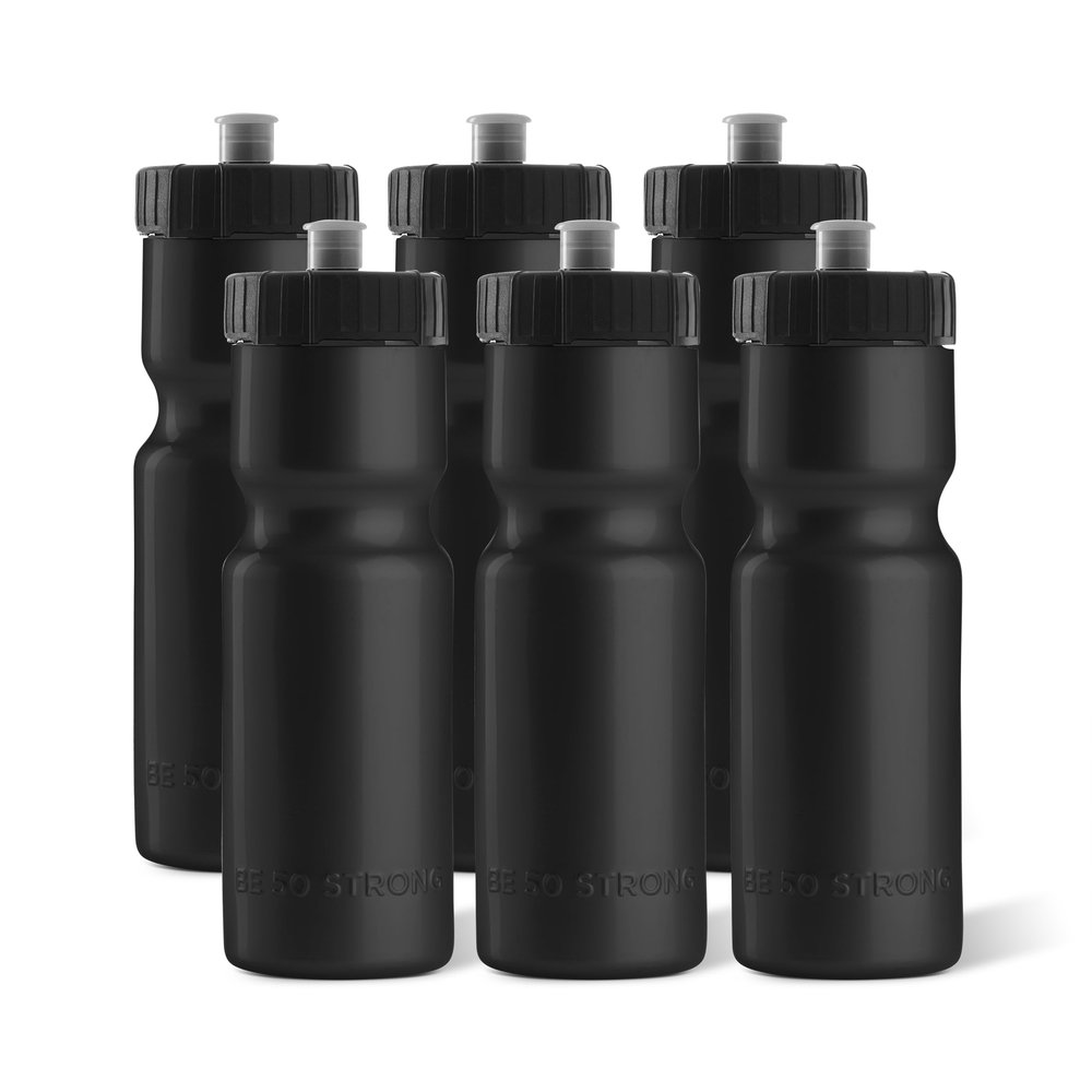 50 Strong Sports Water Bottles 6-Pack Reusable 22 oz BPA-Free Plastic Bottles with Pull Top Cap Made in USA Top Rack Dishwasher Safe Fits Most Bike Cages Brand - Black