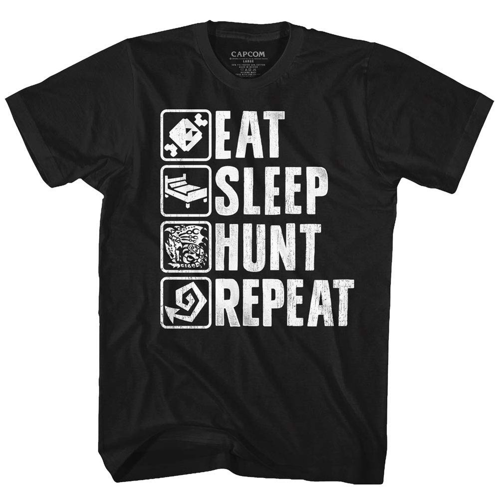 Monster Hunter Video Game Eat Sleep Hunt Repeat Adult T-Shirt Tee Black