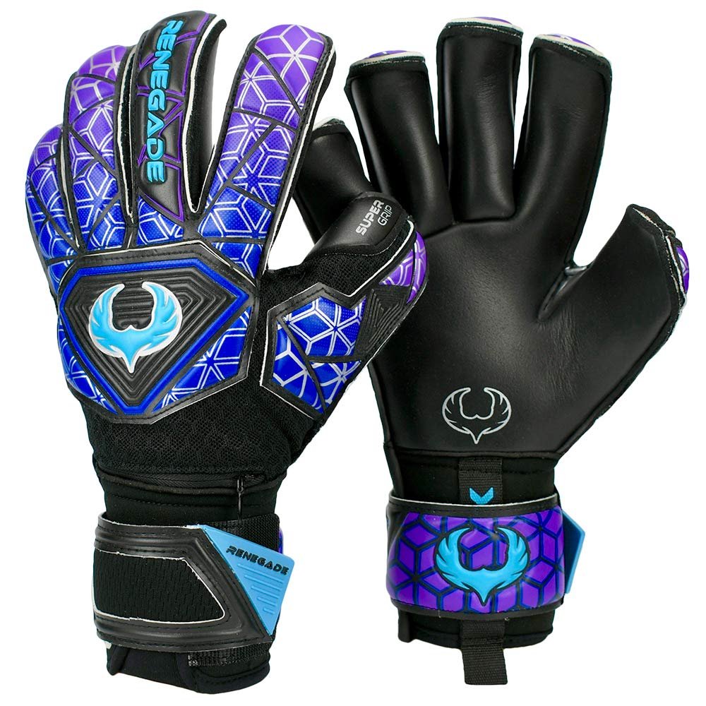 Renegade GK Vortex Strom Goalie Gloves | 3.5+3mm Hyper Grip & 4mm Duratek | Black, Purple, & Blue Soccer Goalkeeper Gloves (Size 8, Youth-Adult, Roll Cut, Level 3)
