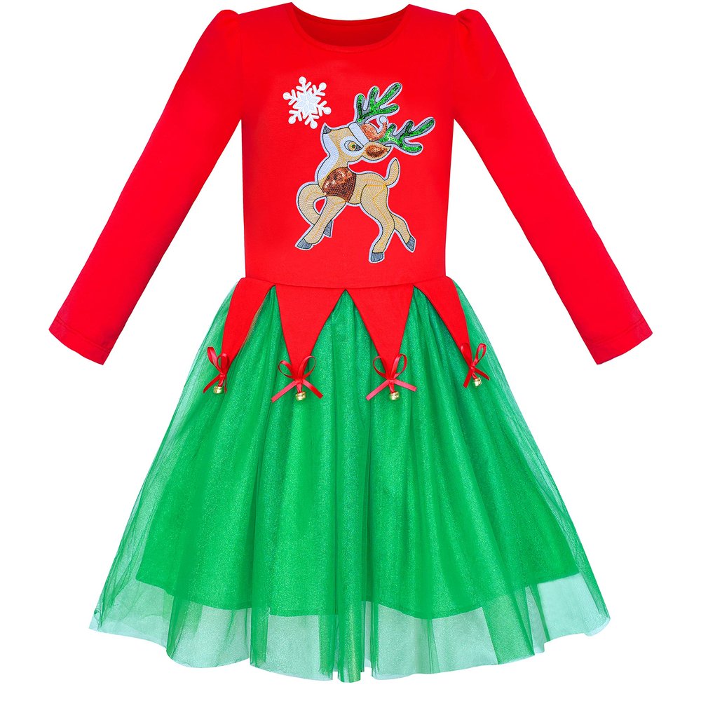 Girls Dress Christmas Reindeer Jingle Bell Long Sleeve Size 7
