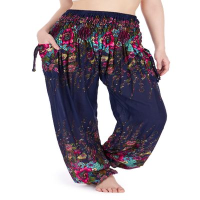 Lannaclothesdesign Harem Pants Women High Waist Bohemian Yoga Pants with Pockets - Boho Hippie Clothes (XL, Dark Blue)