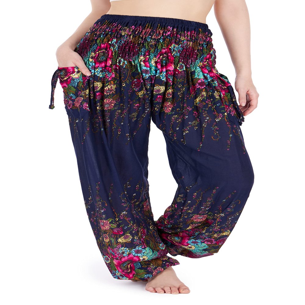 Lannaclothesdesign Harem Pants Women High Waist Bohemian Yoga Pants with Pockets - Boho Hippie Clothes (XL, Dark Blue)