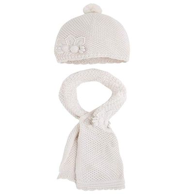 Little Girls Flower Applique Angora Blend Knit Hat/Scarf Set (3-Large, Mazapan)