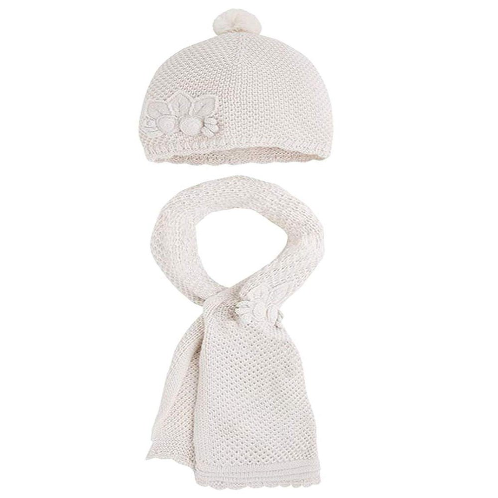 Little Girls Flower Applique Angora Blend Knit Hat/Scarf Set (3-Large, Mazapan)