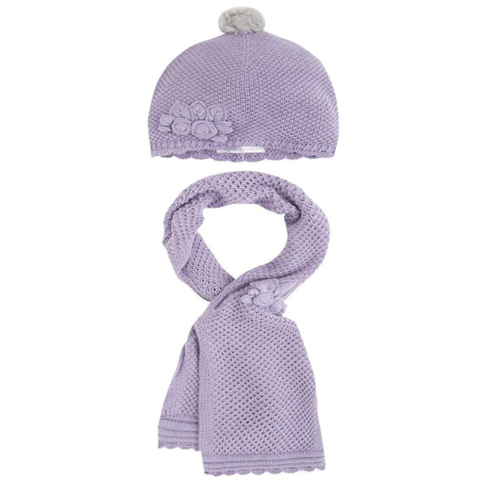Little Girls Flower Applique Angora Blend Knit Hat/Scarf Set (1-Small, Purple)