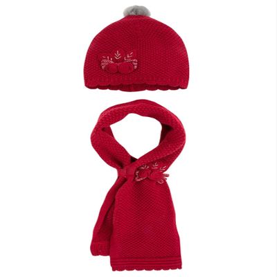 Little Girls Flower Applique Angora Blend Knit Hat/Scarf Set (3-Large, Scarlet)