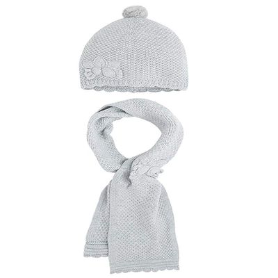 Little Girls Flower Applique Angora Blend Knit Hat/Scarf Set (3-Large, Pearl)