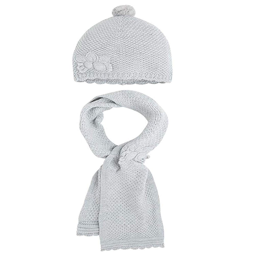 Little Girls Flower Applique Angora Blend Knit Hat/Scarf Set (3-Large, Pearl)