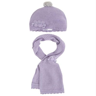 Little Girls Flower Applique Angora Blend Knit Hat/Scarf Set (2-Medium, Purple)