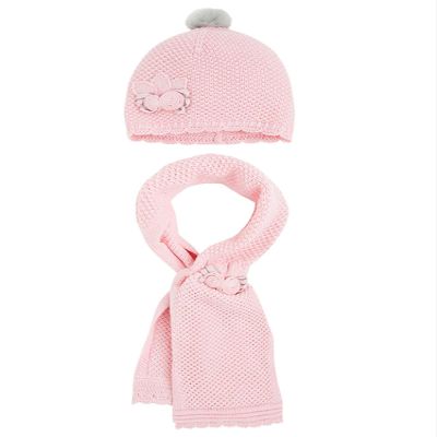 Little Girls Flower Applique Angora Blend Knit Hat/Scarf Set (1-Small, Rose)