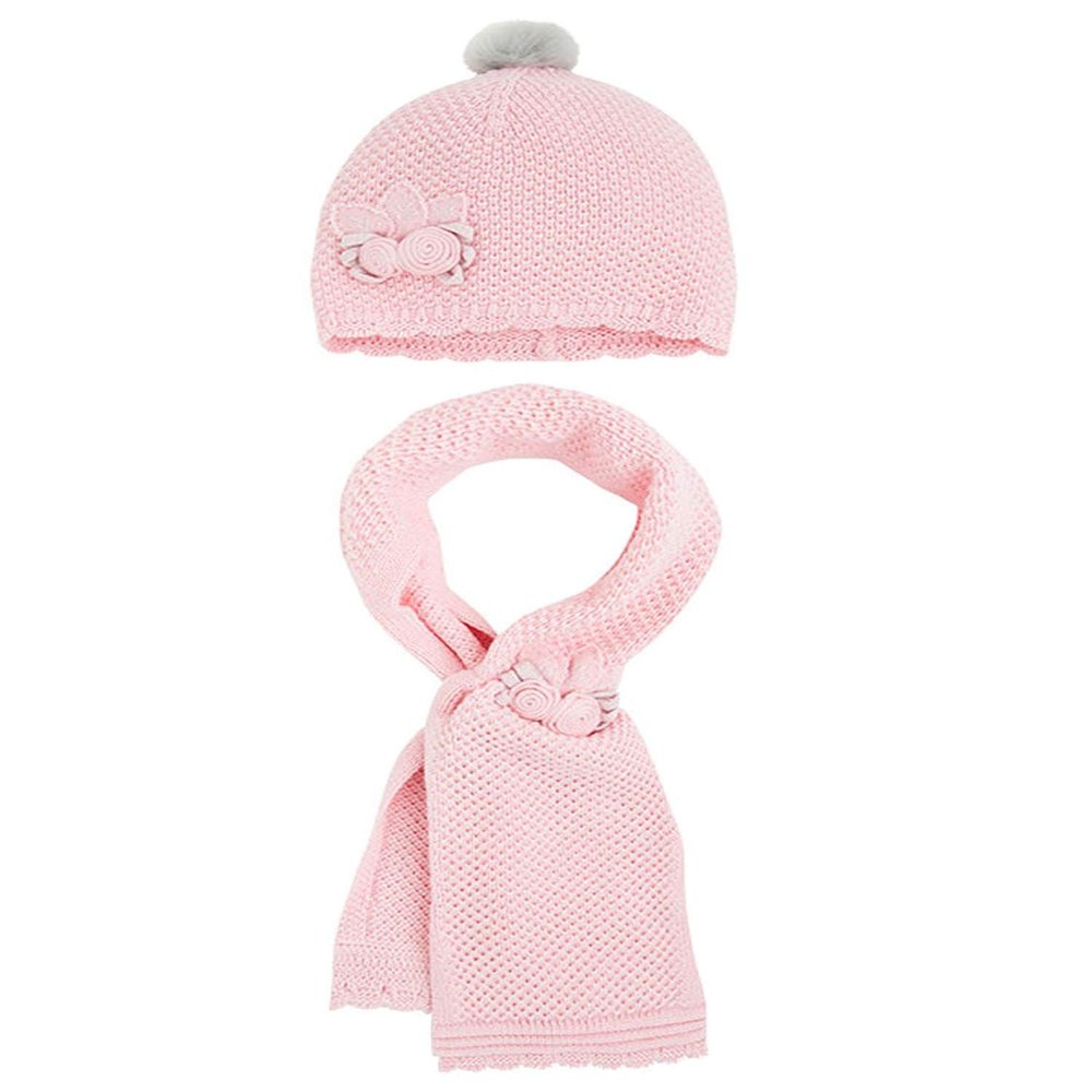 Little Girls Flower Applique Angora Blend Knit Hat/Scarf Set (1-Small, Rose)