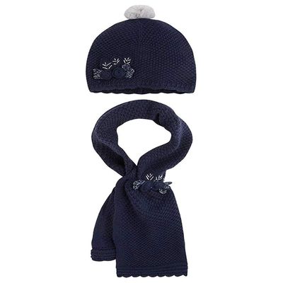 Little Girls Flower Applique Angora Blend Knit Hat/Scarf Set (1-Small, Navy Blue)