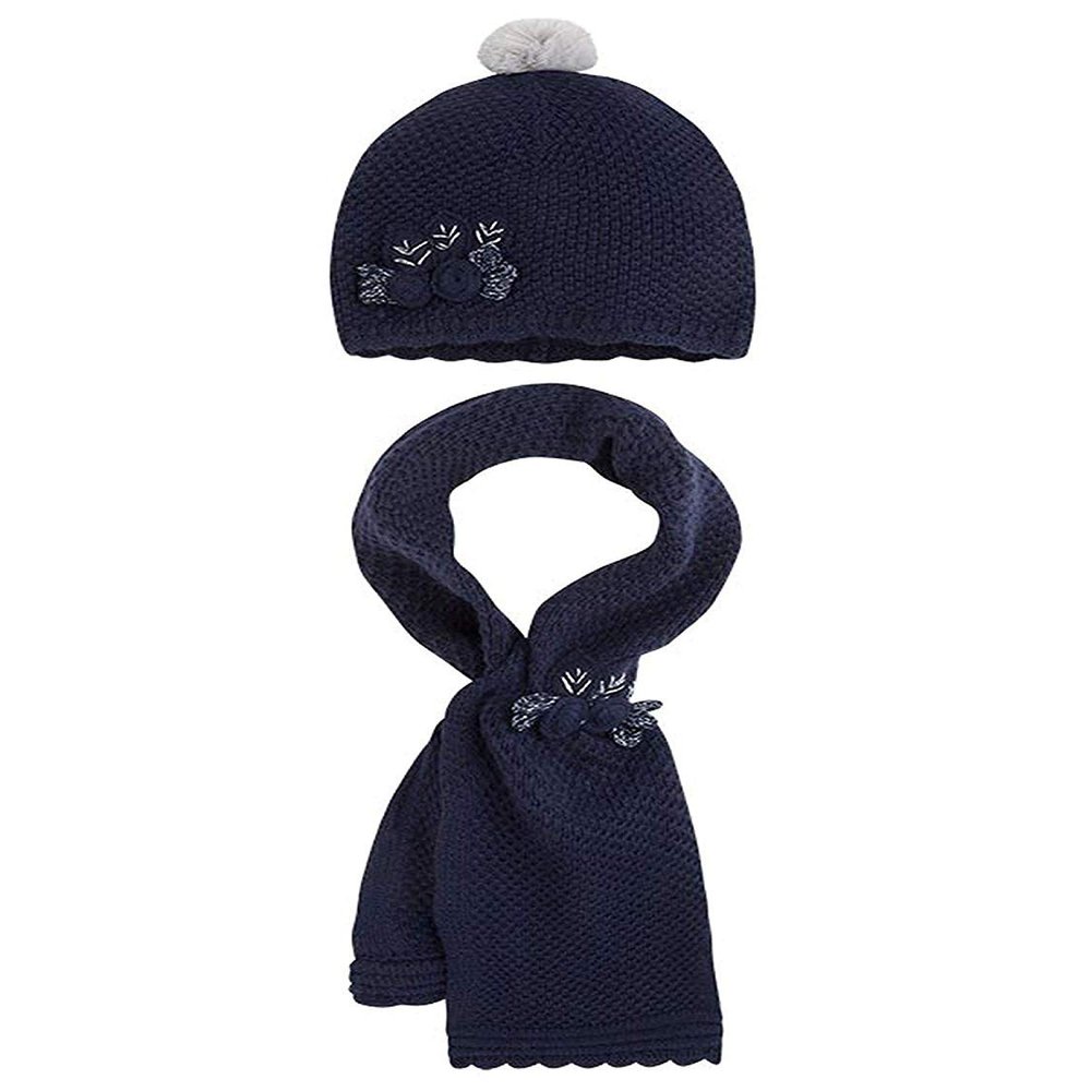 Little Girls Flower Applique Angora Blend Knit Hat/Scarf Set (1-Small, Navy Blue)