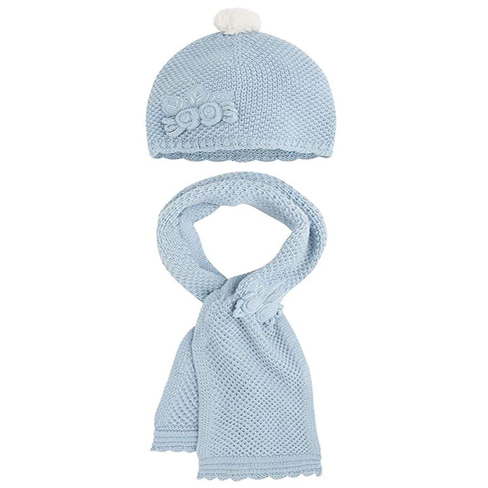 Little Girls Flower Applique Angora Blend Knit Hat/Scarf Set (2-Medium, Sky Blue)