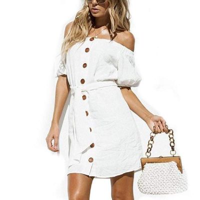 One piece skirt 2018 Womens Fashion Summer Short Sleeve V Neck Button Down Swing Midi Dress with Pockets Beach Summ. White