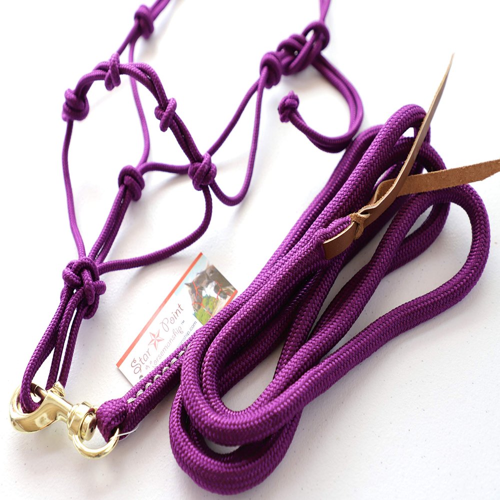 Star Point Horsemanship Mini-Pony 4 Knotted Rope Halter & 8' Lead Set withStiff Cord, Adjustable, Long Lasting, Quick Release Buckle (Purple, Small 28-32" Mini)
