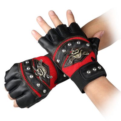 Coolwife Steampunk Gothic Gloves Mens Vintage Geuuine Leather Captain Fingerless Mittens (A Red)
