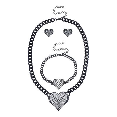 LUX ACCESSORIES Black Huge Chain Heart Pendant Crystal Rhinestone Jewelry Set