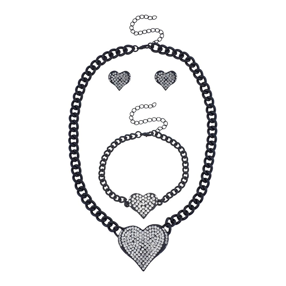 LUX ACCESSORIES Black Huge Chain Heart Pendant Crystal Rhinestone Jewelry Set