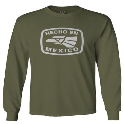 0114. Hecho en Mexico Logo 5 de Mayo Viva Mexican Republic Mexicano Men's Long Sleeve t Shirt (Olive, Small)