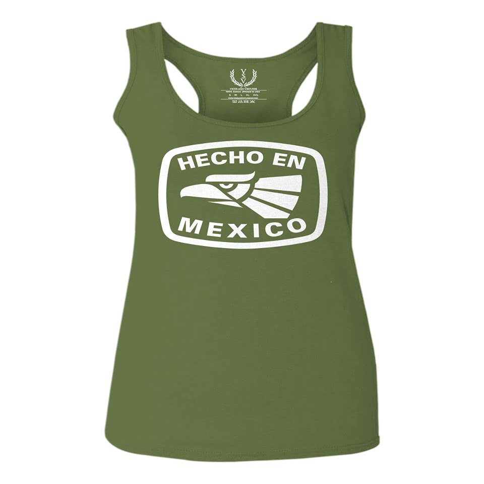 0114. Hecho en Mexico Logo 5 de Mayo Viva Mexican Republic Mexicano Women's Tank Top Racerback (Olive, Small)