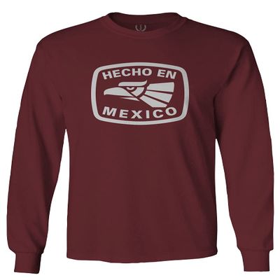 0114. Hecho en Mexico Logo 5 de Mayo Viva Mexican Republic Mexicano Men's Long Sleeve t Shirt (Maroon Small)