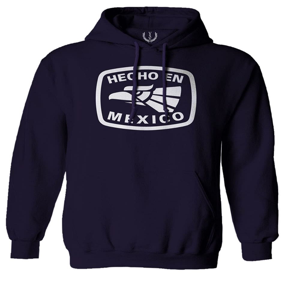 0114. Hecho en Mexico Logo 5 de Mayo Viva Mexican Republic Mexicano Sweatshirt Pullover Hoodie (Navy, Large)